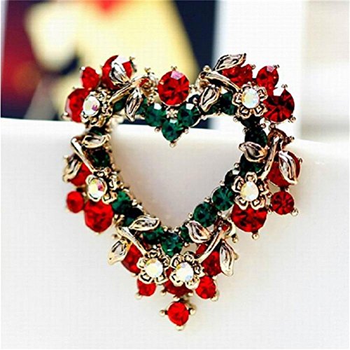 Haodeba 1 Piece Vintage Lovely Red Rhinestone Christmas Wreath Brooch Love Heart Brooch Pin Santa Claus Gift Party Favor