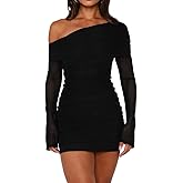 Women's Sexy One Shoulder Mesh Dress See Through Long Sleeve Ruched Sheer Mesh Bodycon Club Night Cocktail Mini Dress