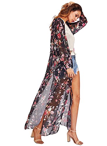 SOLYHUX Women's Casual Floral Chiffon Kimono Cardigan Blouse Beach Cover Up Multicolor S - Thumbnail 2