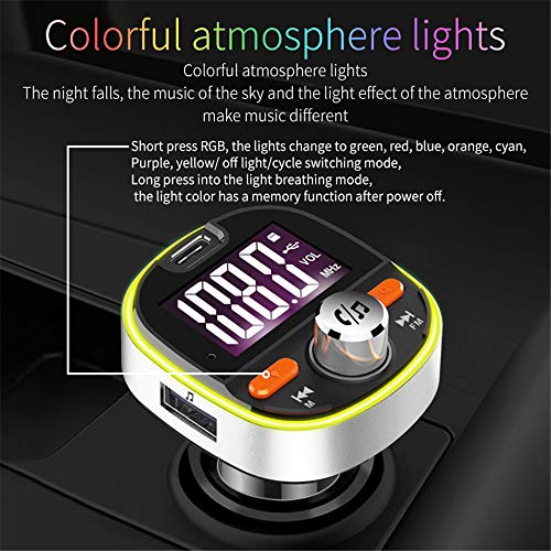 Bluetooth FM Transmitter for Car, PD3.0 Wireless Radio Bluetooth Adapter Music Player Charger Car Kit with Hands Free, Larger Screen Display, 7-Colors LED Backlit, 2 USB Ports and 1 Type C Port
