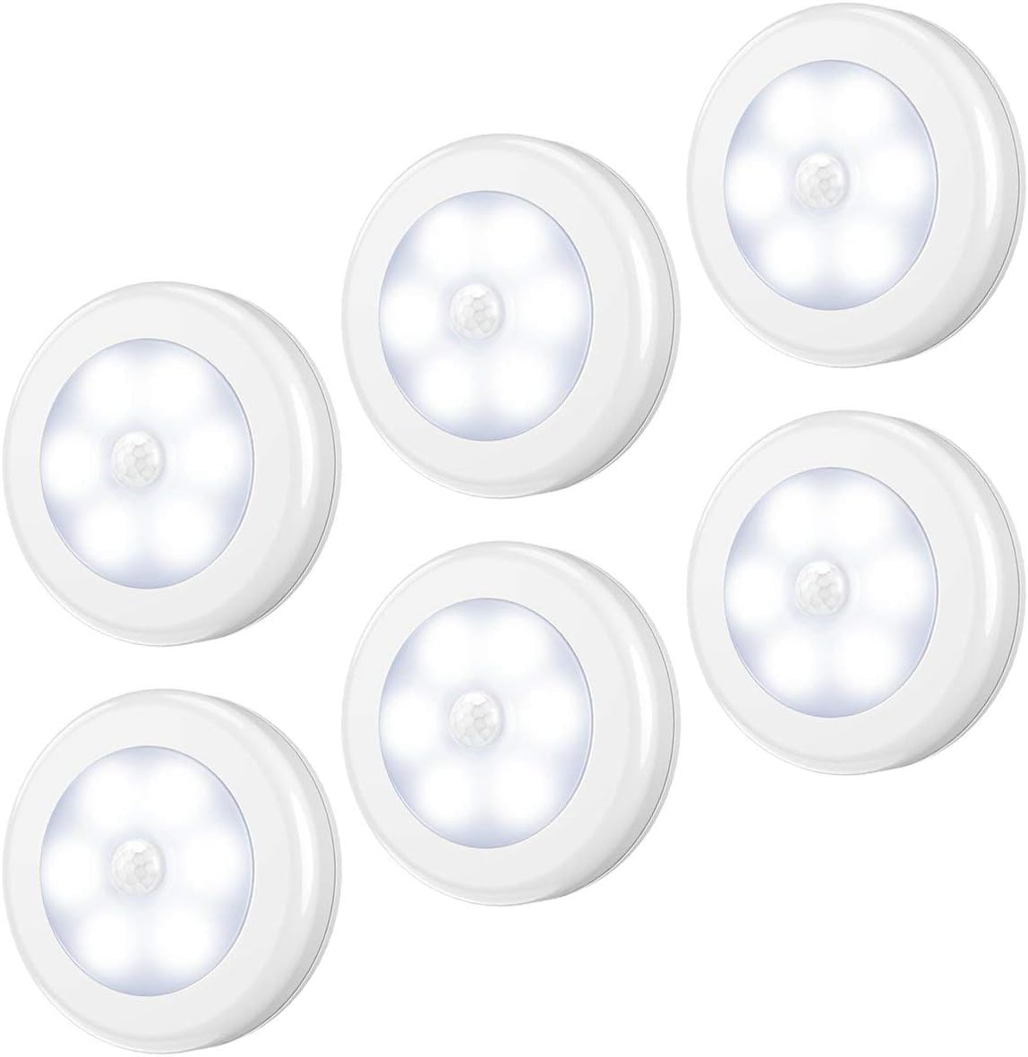 Criacr Motion Sensor Light, Battery Powered Under Cupboard Night Light with Adhesive Pads and Magnet, 6 LED Wardrobe Night Lights for Stair, Cupboard, Cabinet, Kitchen (6 Pack, White)