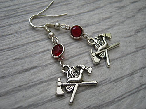 Firefighter Birthstone Earrings, Personalized Fire Helmet Earrings, Fireman Axe Charm, First Responder Jewelry