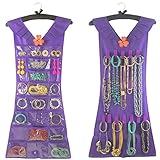 Marcus Mayfield Hanging Jewelry Organizer|Closet Storage for Jewelry-Hair Accessories-Makeup-Necklaces-Bracelets-Earrings (Black Satin Hanger, Purple Dress, 27 pockets 18 hooks)