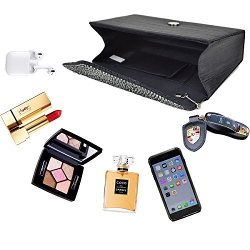 Womens Envelope Flap Clutch Handbag Evening Bag Purse Rhinestone Crystal Glitter Sequin Party Black - Thumbnail 4