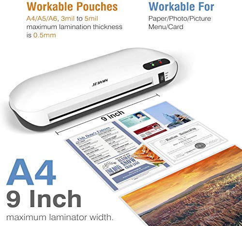Laminating Machine, JZBRAIN A4 Laminator Machine with Trimmer, Fast Warm-Up, Quick Laminating Speed, 9 inches Thermal Laminator for Home Office School Use ( White)