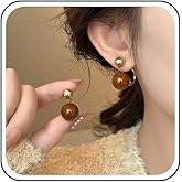 Yheakne Vintage Brown Ball Ear Jacket Earrings Brown Pearl Stud Earring Double Ball Front Back Earring Geometric Round Metal Bead Earrings Jewelry for Women