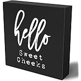 Funny Bathroom Wooden Box Sign Plaque Hello Sweet Cheeks Black Wood Box Sign Rustic Art Home Bathroom Shelf Desk Decor 5 x 5 x 1 Inches
