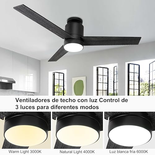 Ohniyou Ventilador de techo de 52 pulgadas con luz y mando a distancia, 6 velocidades, 3 temperaturas de color regulable LED ventilador de techo para uso en interiores al aire libre (Negro)