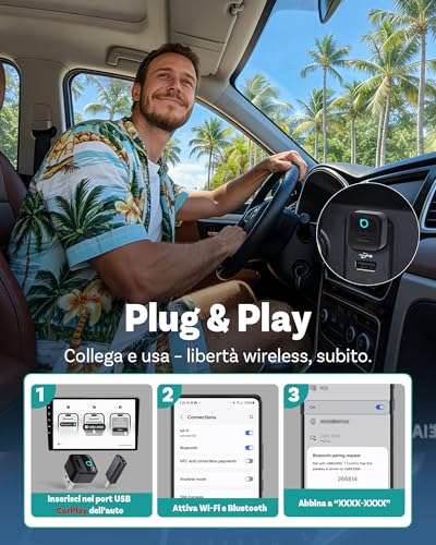 OTTOCAST Mini Pico Adattatore Wireless CarPlay e Android Auto, Trasforma CarPlay cablato in wireless, Passaggio con un tocco tra 2 telefoni, Riconnessione automatica rapida, WiFi 6, Bluetooth 5.4