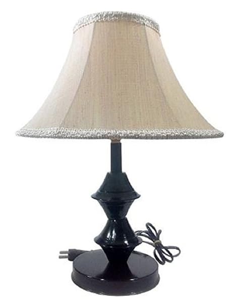 Aadhya Creations Black Double Ring Stand Table Lamp With 10 Round Slanting Cream-Khadi With Lace Border Lamp Shade (Size: 26.8 X 26 X 19.6 Cm)