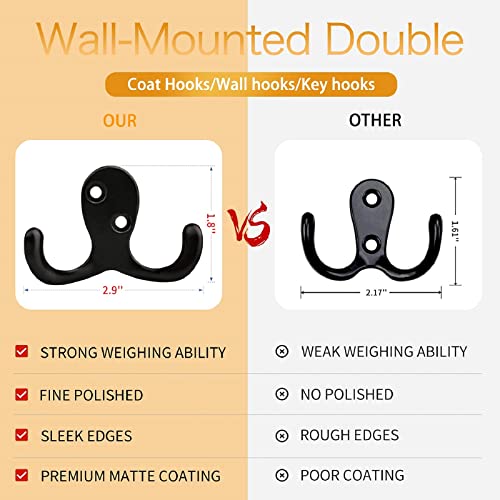 10PCS Coat Hooks Wall Mounted, Double Prong Robe Hook Hanging Towel Hooks with 20 Screws for Bags, Hat, Cap, Scarf, Cup and Key, Black