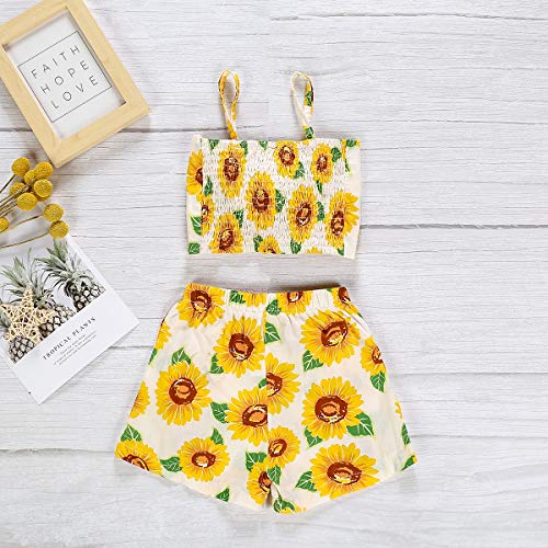Toddler Baby Girls Halter Off-Shoulder Sunflower Crop Top with Bow+ Shorts Outfits Clothes Set (Sunflower, 3-4 Years) - Thumbnail 2