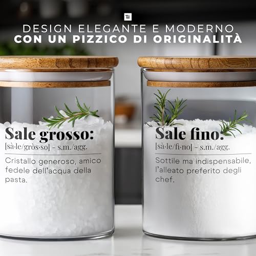 Tundra Set of 2 Fine and Coarse Salt Jars in Borosilicate Glass with Airtight Closure 800 ml – Salt Holder with Bamboo Lid, Glass Kitchen Spice Containers