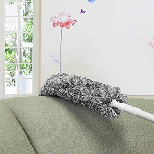 Microfiber Feather Duster Extendable (Up To 70 Inch)Washable Flexibility Detachable,Microfiber Head With Attached Extension Pole And Clothes Fork Duster For Cleaning House Office For Car (Grey)