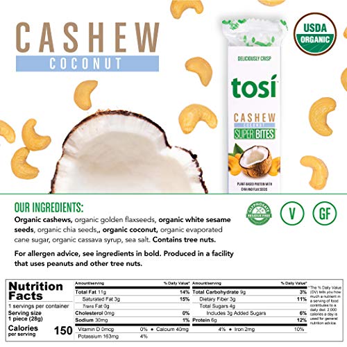 Tosi Plant-Based Protein Bars, SuperBites Nut Bars (12 Pack), Cashew Coconut, Vegan Snacks, Crunchy Snack Bar, Gluten… - Image 5