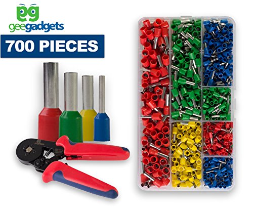 Square Crimper with 700 Piece Ferrule Wire Connector Set -Self Adjusting Crimping Plier - 22-10 AWG, 0.25mm-6mm - by Gee Gadgets (Certified Refurbished)