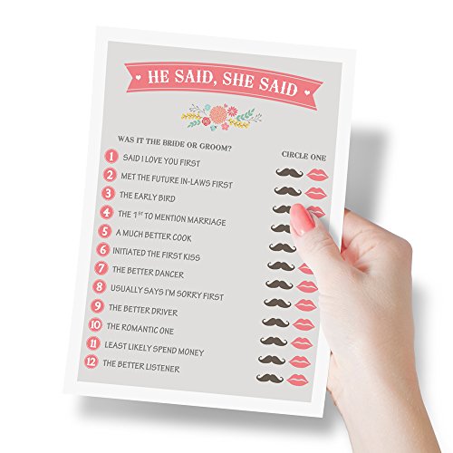 He Said She Said Bridal Shower Game | Wedding, Bridal Shower, and Anniversary Favors, Games, Activities, and Decorations | 50 Sheets