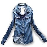 AvaCostume Women's Long Sleeve Double Pocket Slim-fit Jean Denim Shirt, XXL, DarkBlue