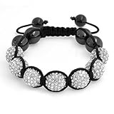 Bling Jewelry White Clear Pave Crystal Shamballa Inspired Bracelet for Women for Men Hematite Ball Black Cord String Adjustable