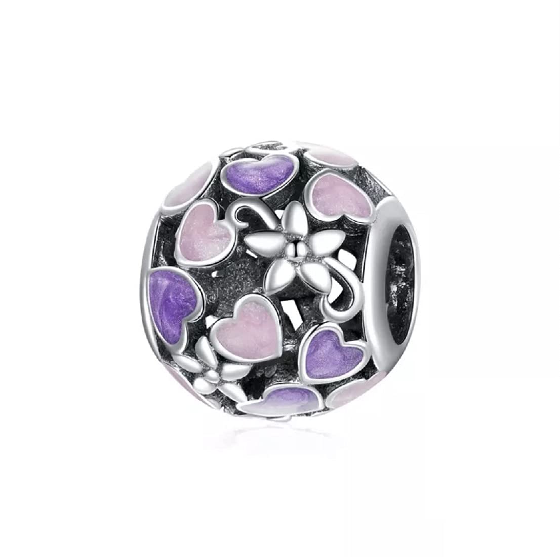 FeatherWish Purple Daisy Flower And Love Heart Bead Charm 925 Sterling Silver With Enamel Fits And Compatible With Pandora Bracelet European 3mm Charm Bracelets And Necklace