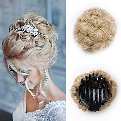 Wavy Messy Hair Bun Scrunchie Scrunchy Hair Extensions Claw On Synthetic Updos Hairpiece Curly Ponytail Chignon - Dark Blonde to Bleach Blonde