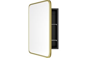 AGDULL Vintage-Style Bathroom Wood Black Cabinet with 16.5''x24'' Brushed Gold Metal Frame Curved Mirror, Recessed Medicine Cabinet, Bathroom Storage Cabinet