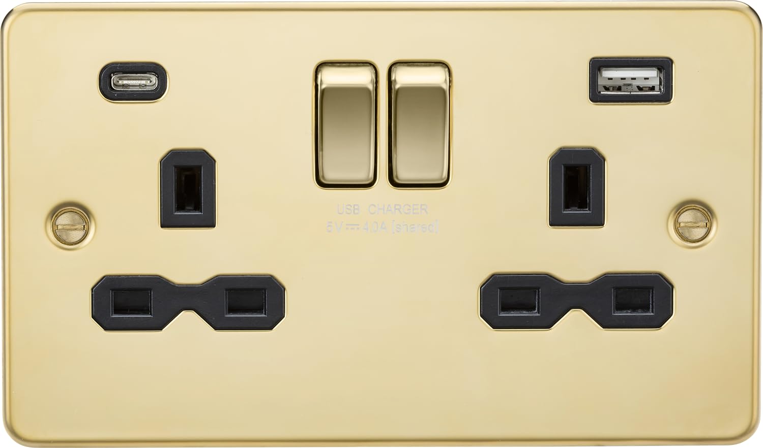 13A 2G SP Switched Socket with Dual USB A+C (5V DC 4.0A shared) - Polished Brass with Black Insert