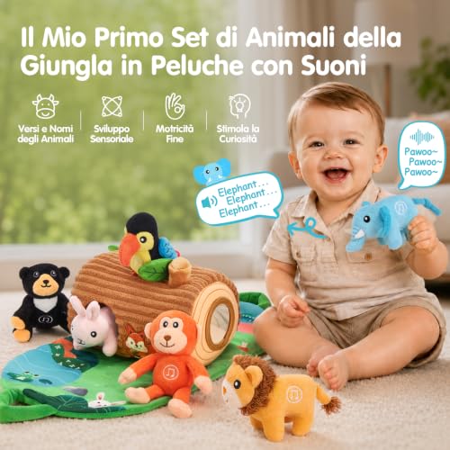 hahaland Giochi Bambini 1 Anno, Set di Peluche Animali con Suoni Realistici | 6 Animali Giungla con Suoni, 2 in 1 Tappetino da Gioco & Borsa, Giocattoli Montessori Sensoriale, Regalo 6 9 12 Mesi