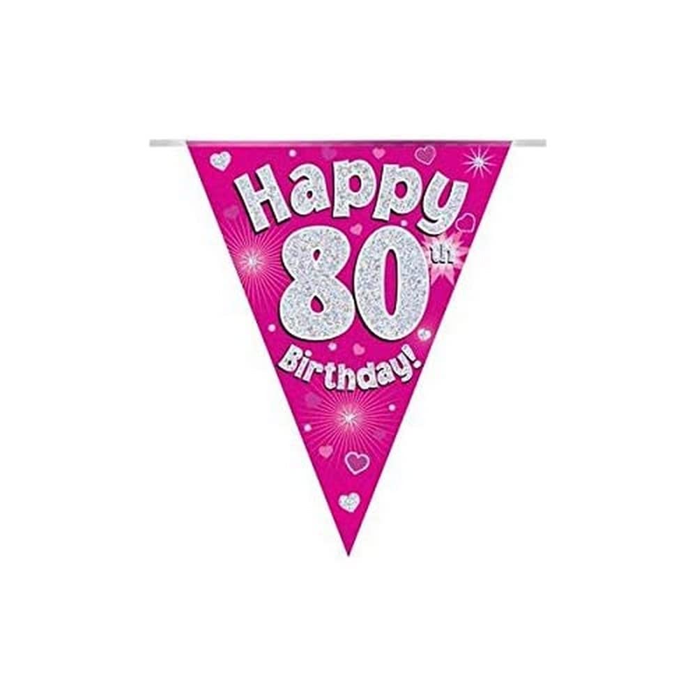 Party Bunting Happy 80th Birthday Pink Holographic 11 flags 3.9m