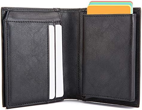 Leather Wallet Credit Card Holder RFID Blocking | KOOGOO Card Case Wallet Aluminum Pop-up Card Pack Portable Travel Wallet Money Clip (Black)
