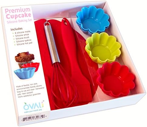 OvalPop Premium Silicone Cupcake Baking Set with Nonstick Cupcake Liners, Our Silicone Bakeware is Easy Cleanup, Includes 6 Cupcake Molds, Whisk, Brush, Spatula &amp; Hot Pad, 10 Piece