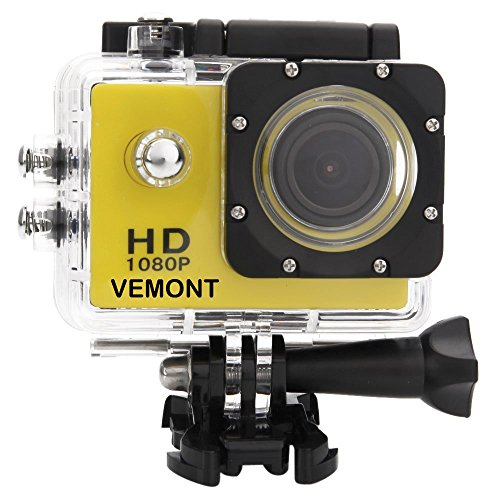 Vemont Cámara Deportiva 1080P HD Impermeable 30M Pantalla de 2.0 Lente de Gran Angular de 120 Grados Multiples Accesorios para Deportes y Actividades, Buceo, Nadar, Correr, Ciclismo, etc. (Amarillo)