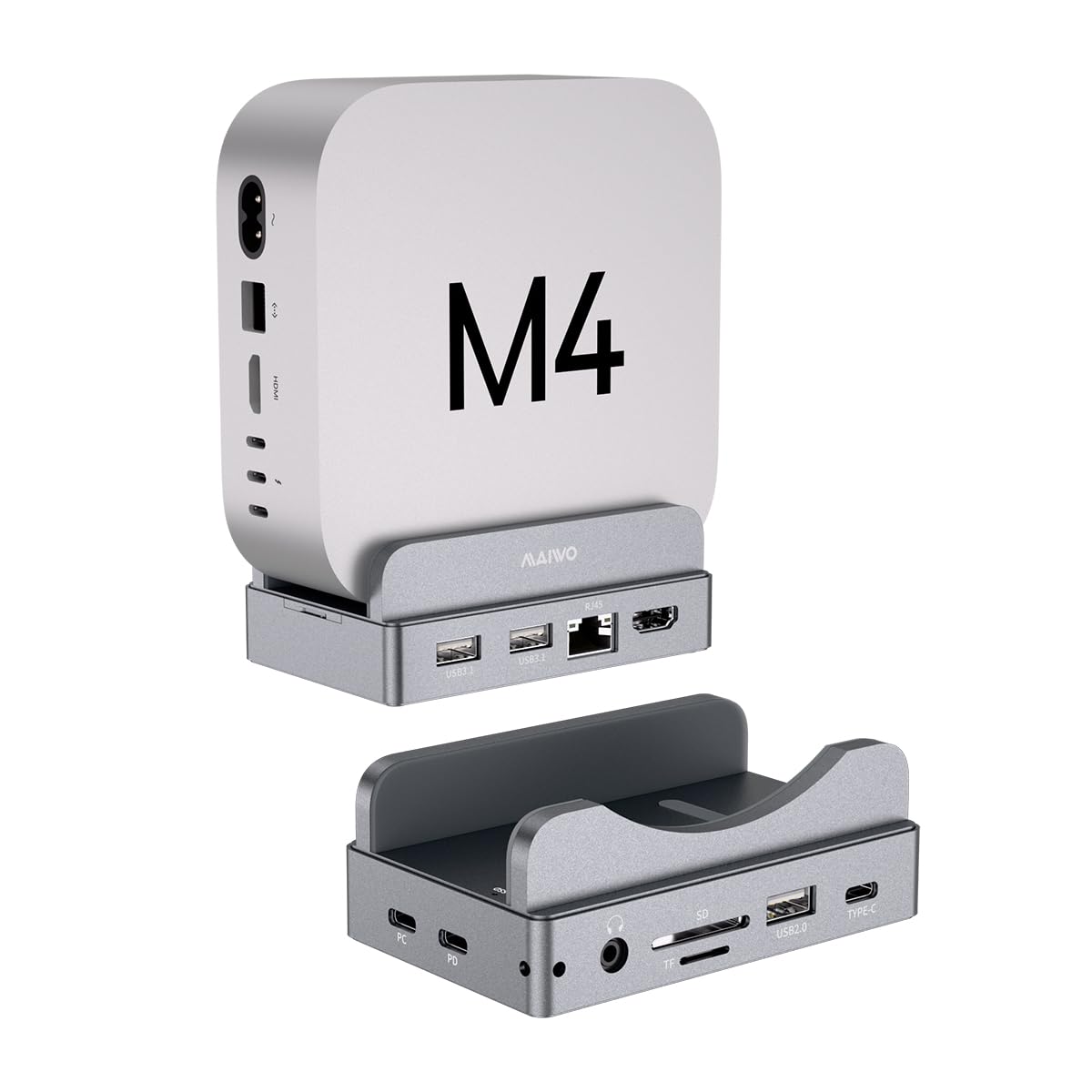 MAIWO Mac mini M4 Dock & Stand with SATA NVMe Enclosure, Mac mini M4 Pro Hub with 2xUSBA 3.1, 1xUSBA 2.0, USB C Data Port Up to 10Gbps, RJ45 Gigabit Network Port, HD 4K Port, SD/TF Slot