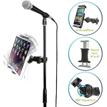 AccessoryBasics EasyAdjust cymbal Microphone Mic Stand Tablet Mount for Apple iPad PRO Air Mini Samsung Galaxy Tab Surface Pro/Book & iPhone 11 Pro XR XS MAX X 8 Plus Galaxy S9 S10 Note LG Smartphones