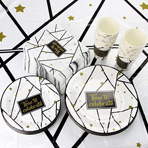 177 Piece Black and Gold Celebration Party Supplies Set Including Banner, Plates, Cups, Napkins, Tablecloth, Spoon, Forks, and Knives, Serves 25