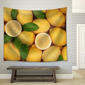 Group of Fresh Lemons with Leaves and Sliced Lemons Forming a Background - Fabric Wall Tapestry Home Decor - 51x60 inches