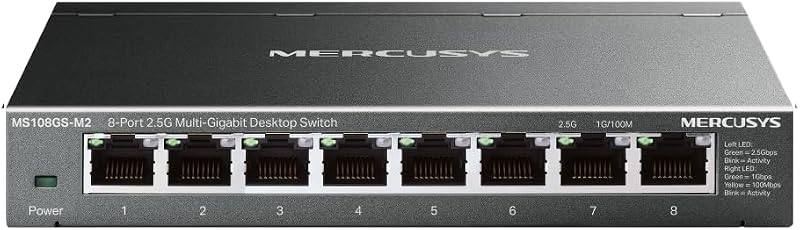 MS108GS-M2 Switch 2,5 Gigabit 8 portas 2,5 Gbps, Ethernet, RJ45, caixa metálica, plug and play, NAS 2,5G, servidor 2,5G, computador de jogos, vídeo 4K
