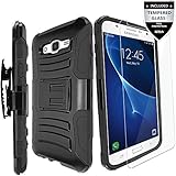 Galaxy J7 Case With Tempered Glass Screen Protector,IDEA LINE(TM)Heavy Duty Armor Shock Proof Dual Layer Holster Locking Belt Swivel Clip with Kick Stand + Stylus Pen(Black/Black)