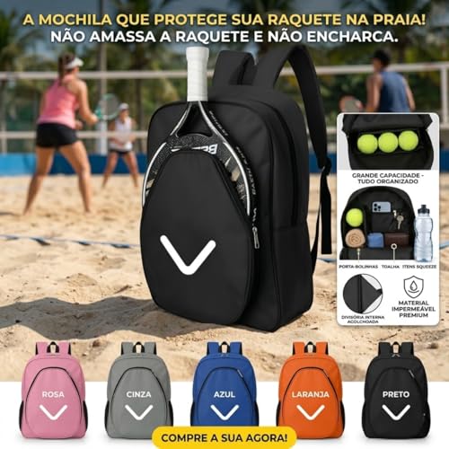 Mochila Raqueteira Bolsa Beach Tennis Tênis Squash Impermeável Esportiva Poliéster Reforçada 47x32x14cm Com Compartimentos Para Raquete Bolas E Acessórios