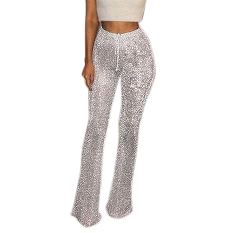 Storerine Damen Glitzer Schlaghose Disco Weite Bein Tanzhosen Vintage 70er Lange Pailletten Hose Wide Leg Hohe Taille Kunstle