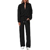 Lazysmile 2 Piece Sets For Women Lapel Half Zip Sweatshirt and Wide Leg Long Pants Sweatsuit Lounge Sets Workout Sets
