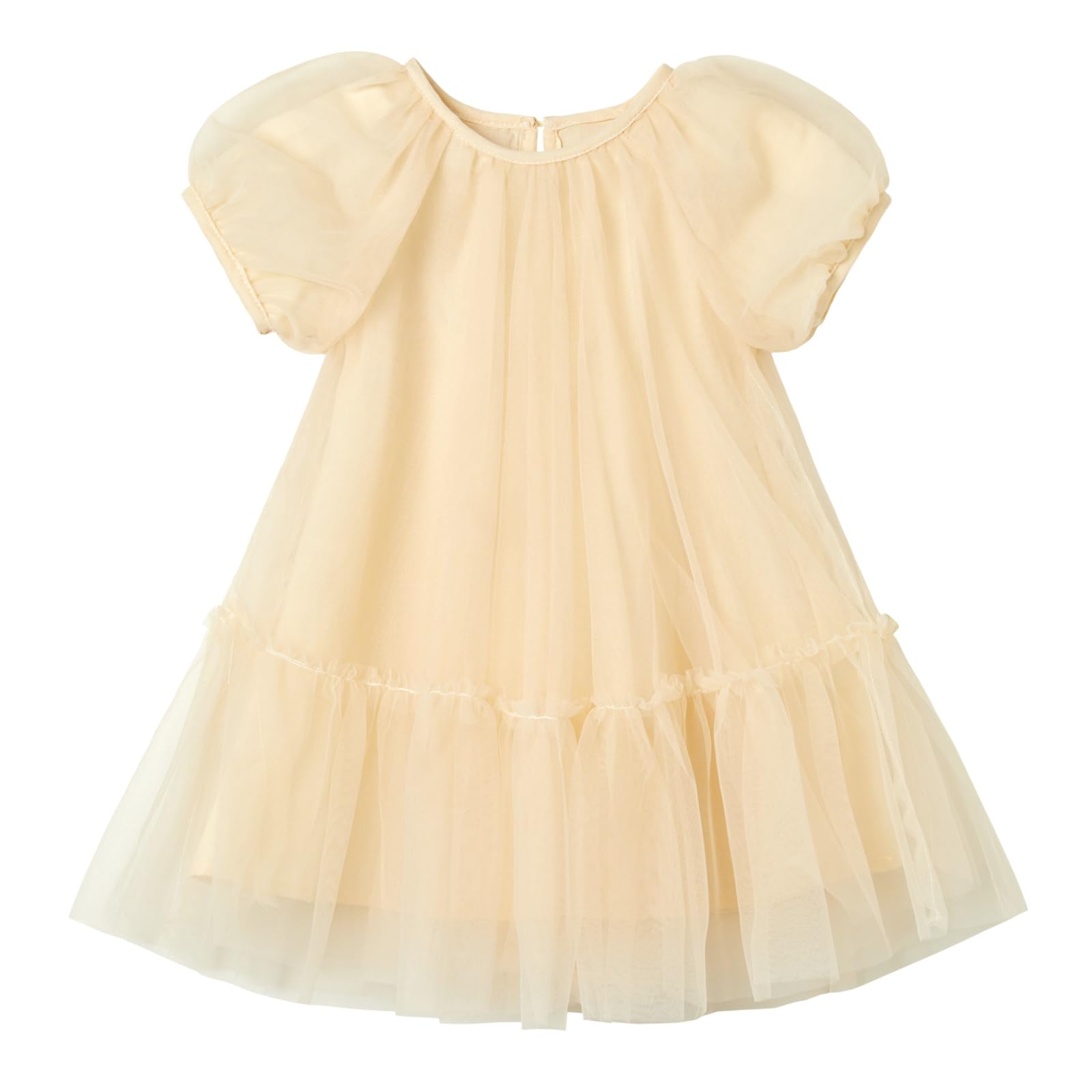 Photo 1 of Rysly Toddler Girls' A-Line Tulle Party Dress with Bubble Sleeves Cotton Lining Flowy Layered Play Dress for Kids (Champagne,90)