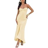 DIWIDI Summer Satin Tube Top Strapless Midi Dress for Women 2025 Formal Ruched Backless Wedding Guest Long Dresses Yellow