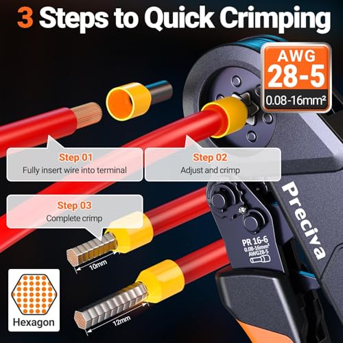Preciva Hexagonal Crimping Tool Set, 0.08-16 mm² Wire End Ferrules Set, Compatible with 1660 Monotube Clamps, Self-Adjusting Crimping Pliers, Wire End Ferrules, Crimping Pliers, Crimping Pliers, Power Tool Set