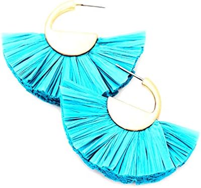Uniklook Turquoise Tassel Raffia Worn Gold Statement 2" Hoops Earrings Women's fashion Jewelry