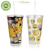 #1 Rated Insulated Emoji Tumblers (Set of 2) | Cups - Made of Premium | Durable | Non-Toxic Material - Lids and Straws Included - Perfect Gift Choice | Present Ideas for Kids - Party Supplies - 16 oz