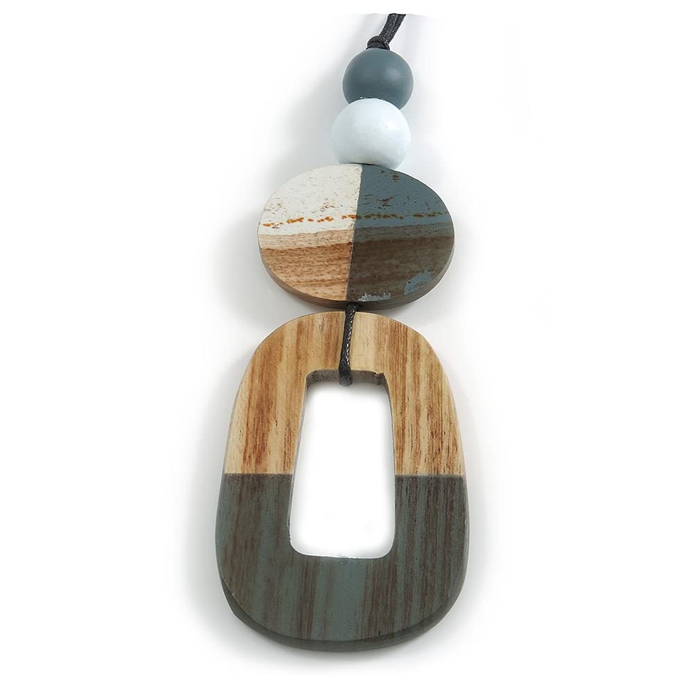 Avalaya O-Shape White/Grey Washed Wood Pendant with Black Cotton Cord - 88cm L/ 13cm Pendant