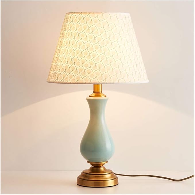 Ceramic Bedside Night and Table Lamp Fabric Shade, Knob Dimmable