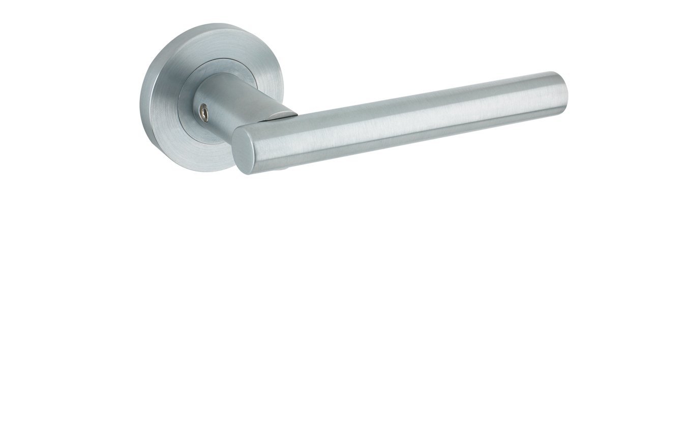 ZPZ090SC - Lucca Round Rose Lever Door Handles - Zoo Hardware Collection - Screw On Rose - Satin Chrome