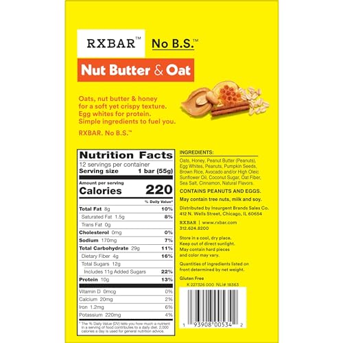RXBAR NUT BUTTER AND OAT PROTEIN BARS, PROTEIN SNACKS, SNACK BARS, HONEY CINNAMON PEANUT BUTTER, 23.2OZ BOX (12 COUNT)